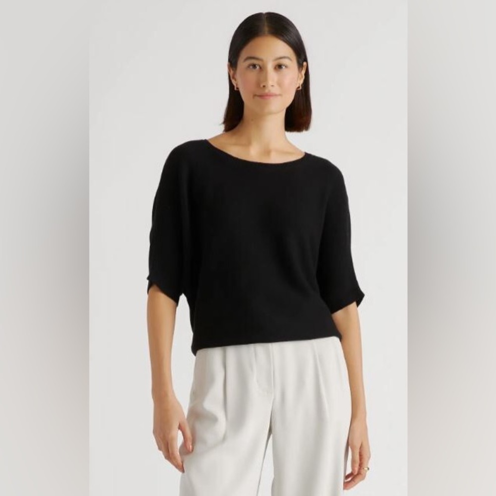 Quince Lightweight Cotton Cashmere Link-Stitch Dolman Sweater in Black - L - NWT